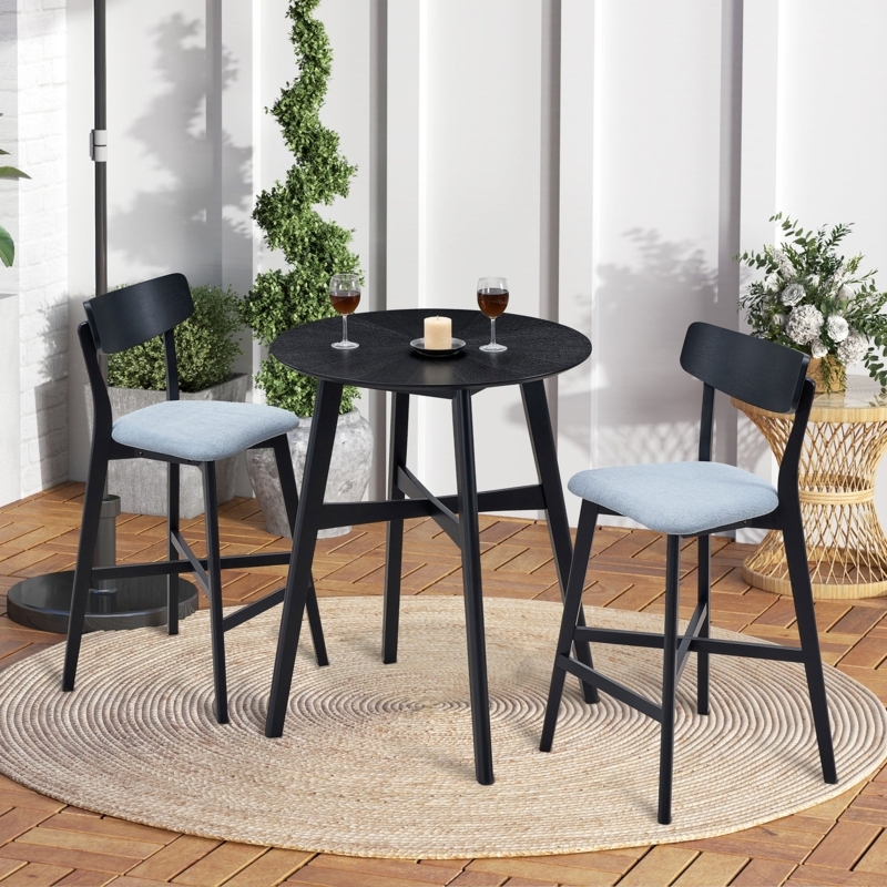 Modern Black Pub Set Pale Blue Cushions Slat Back Stools Minimalist