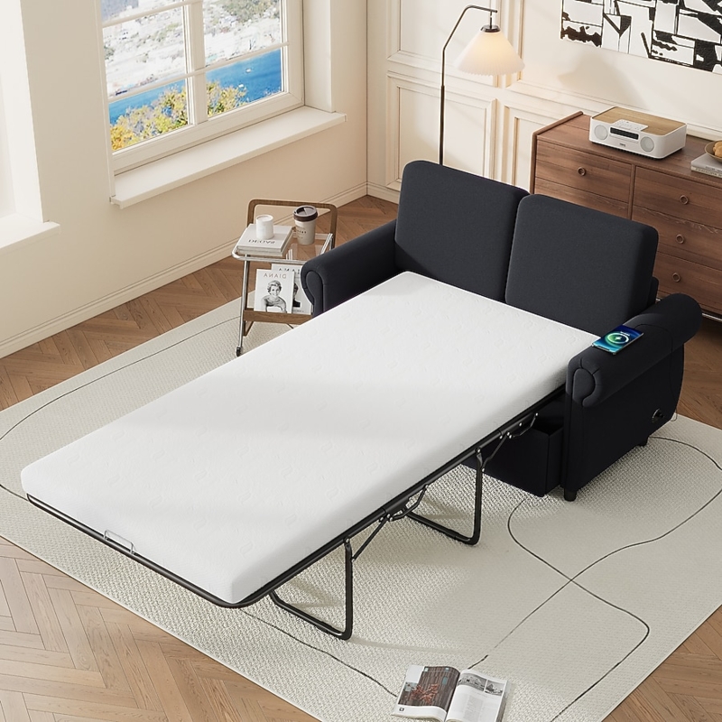 Modern Black Twin Sleeper Sofa with USB Charging Port