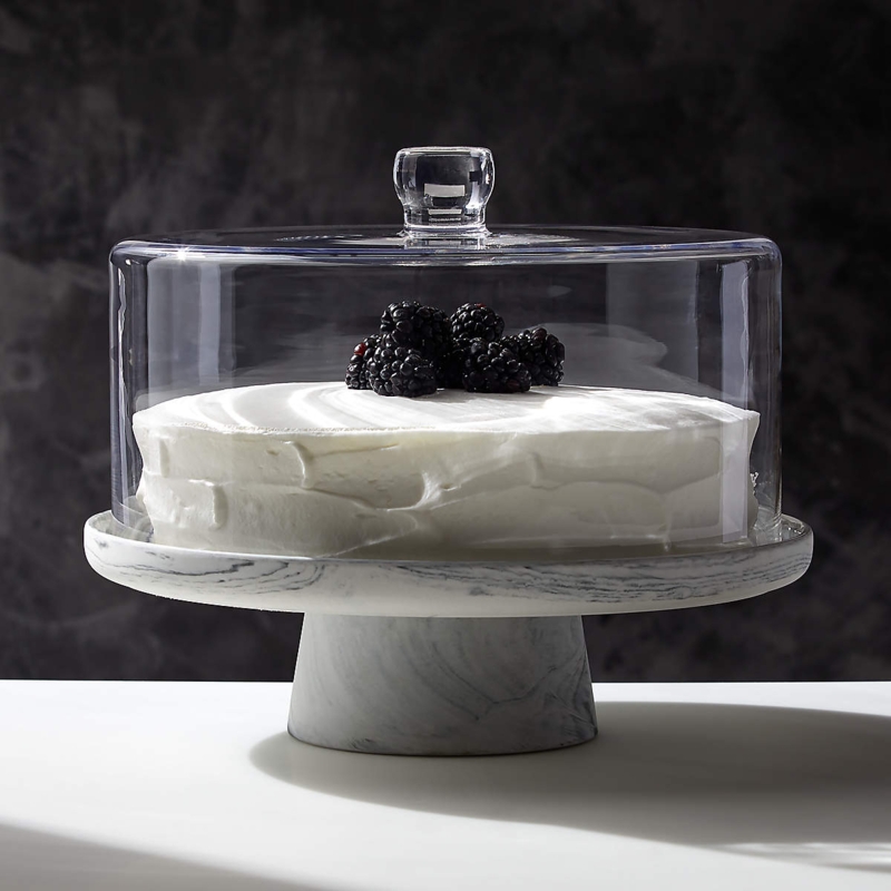 Modern Cake Stand with Swirled Stone Base and Glass Dome Lid