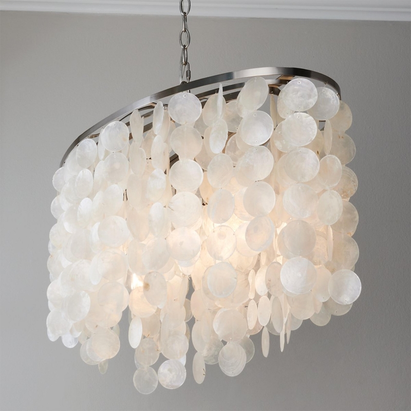 Modern Capiz Shell Chandelier: Oval Frame with Overlapping Disks.