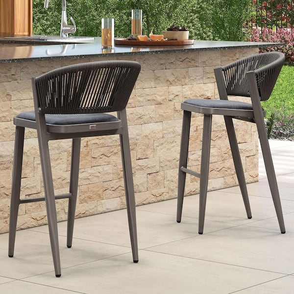 Modern Charcoal Bar Stools featuring Woven Cord Backrest