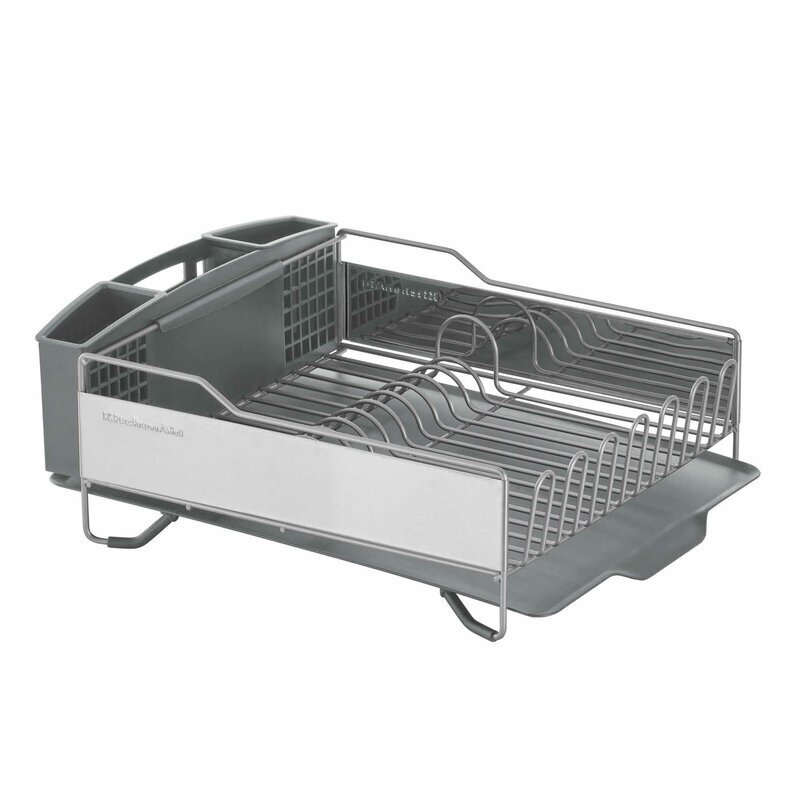 Modern Charcoal Dish Rack with Brushed Metal Panel and 3-Part Caddy