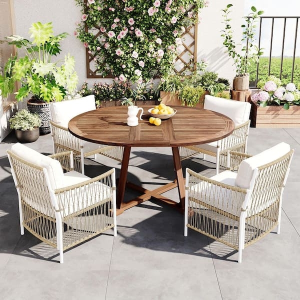 Modern Coastal Patio Dining Set with Rope Weave Texture and Slat Top