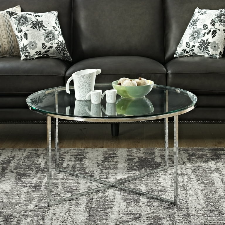 Modern Coffee Table Round Glass Slim Profile Chrome X-Base