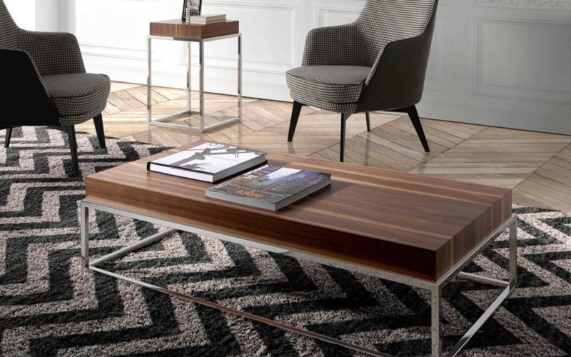 Modern Coffee Table with Thick Walnut Block Top and Geometric Base