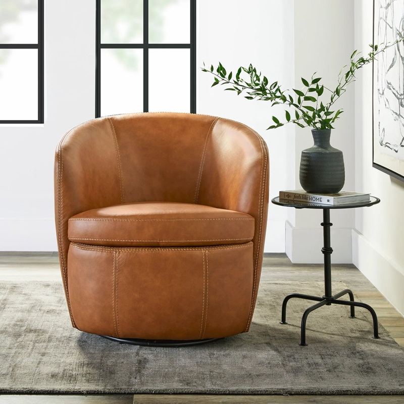 Modern Cognac Swivel Chair Contrast Stitching Integrated Cushion Barrel