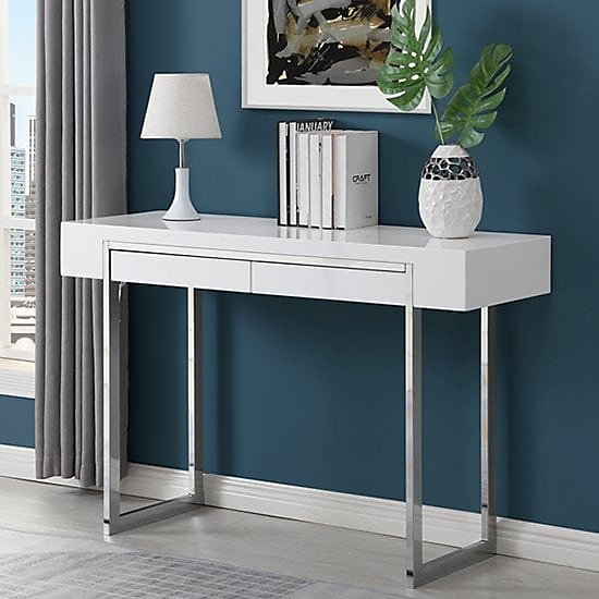 Modern Console Table with Polished Chrome Sled Legs and Drawers