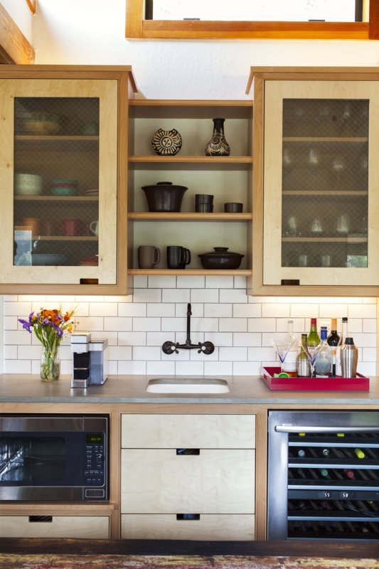Modern Craftsman Wet Bar with Mesh Glass Inserts and Open Shelving