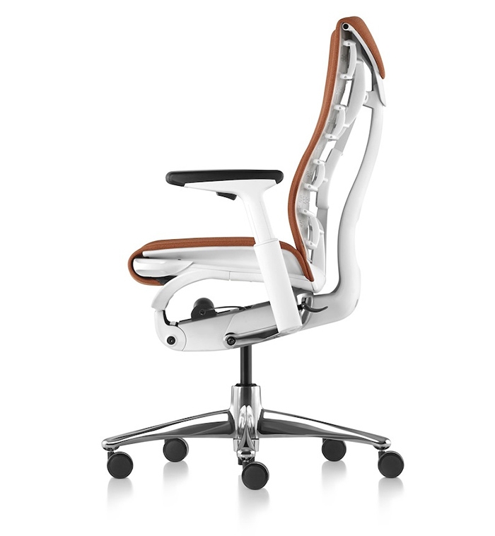 Modern Ergonomic Chair with White Exoskeleton Back and Tan Upholstery