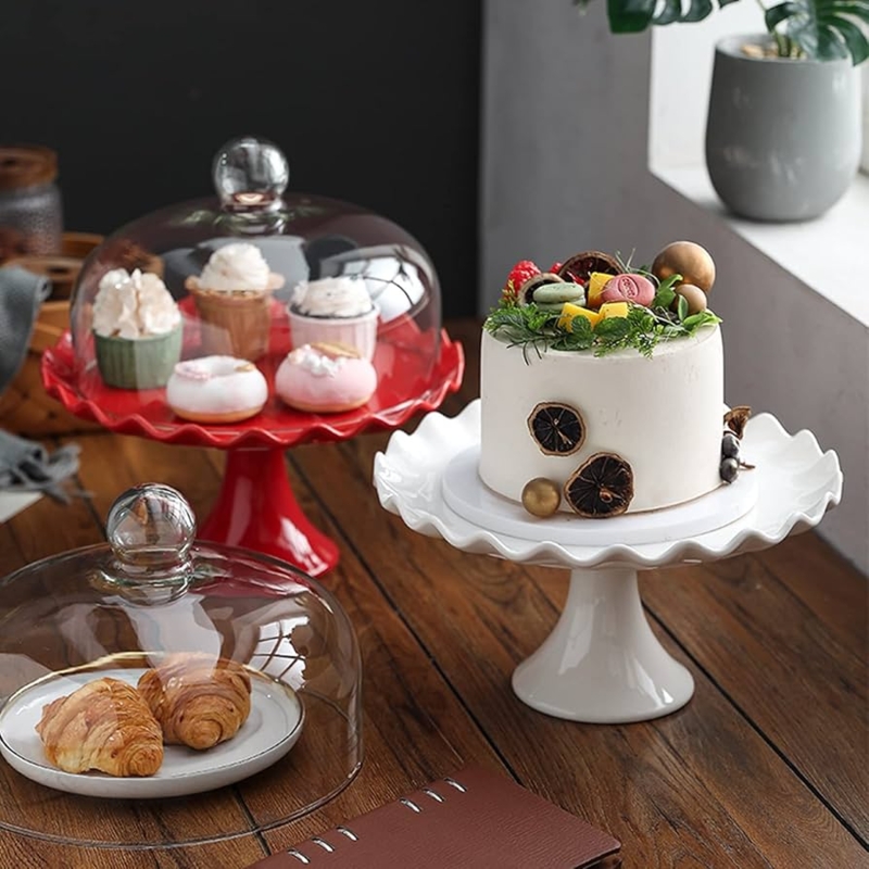 Modern Farmhouse Cake Stand with Wavy Porcelain Rim and Glass Dome