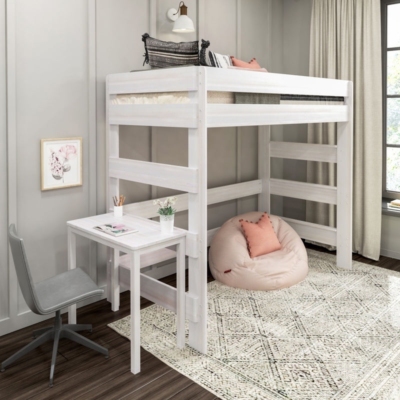 Modern Farmhouse Loft Bed With Desk, Whitewashed Wood Finish Rustic
