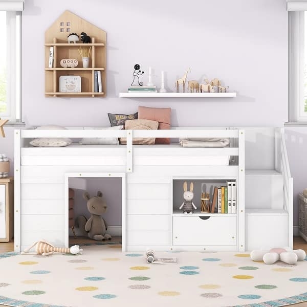 Modern Farmhouse Low Loft Bed with Storage Stairs and Nook