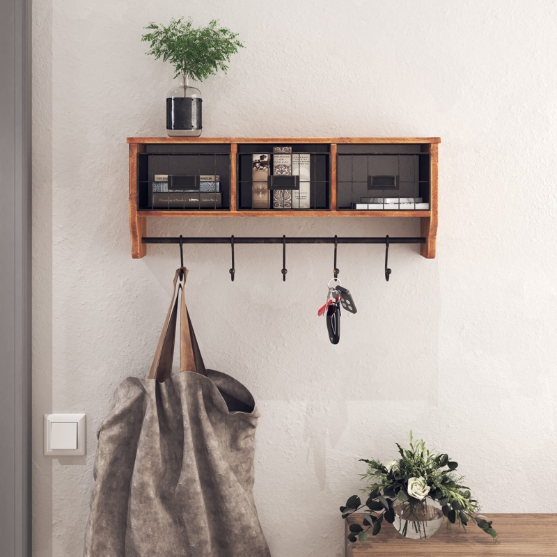 Modern Farmhouse Wall Shelf with Label Holders and Wire Baskets