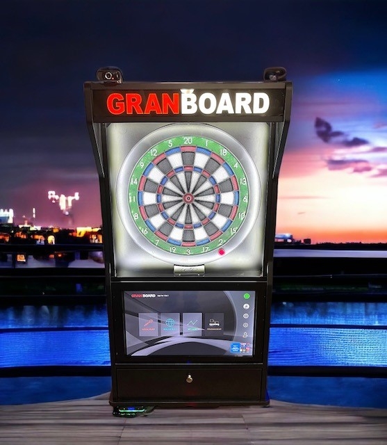 Modern Gaming Dartboard Cabinet, Integrated Screen and Backlit Marquee