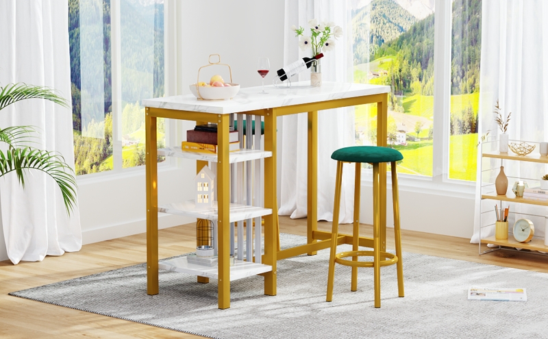 Modern Glam Bar Table Set Emerald Green Seats Marble Look