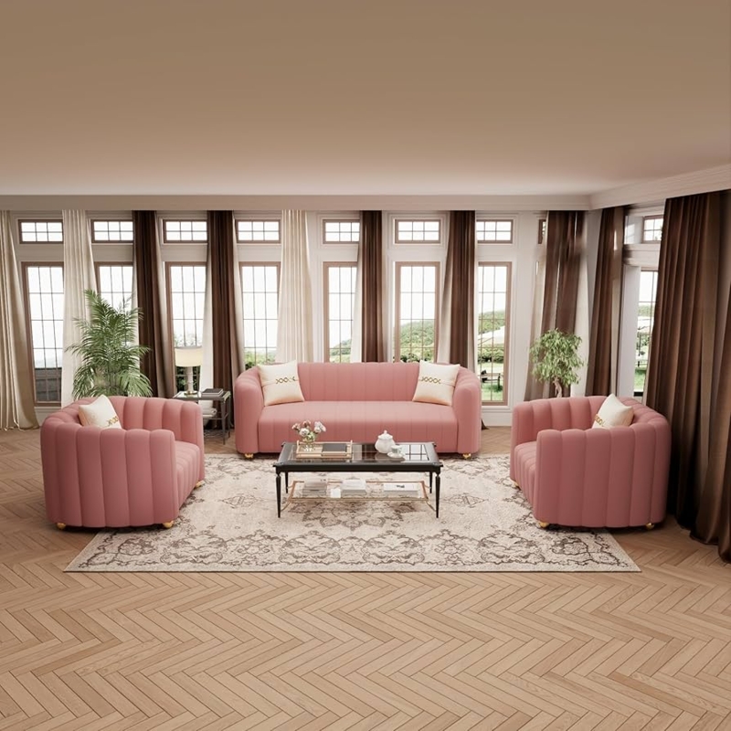 Modern Glam Dusty Pink Sofa Set with Channel Tufting and Gold Ball Feet