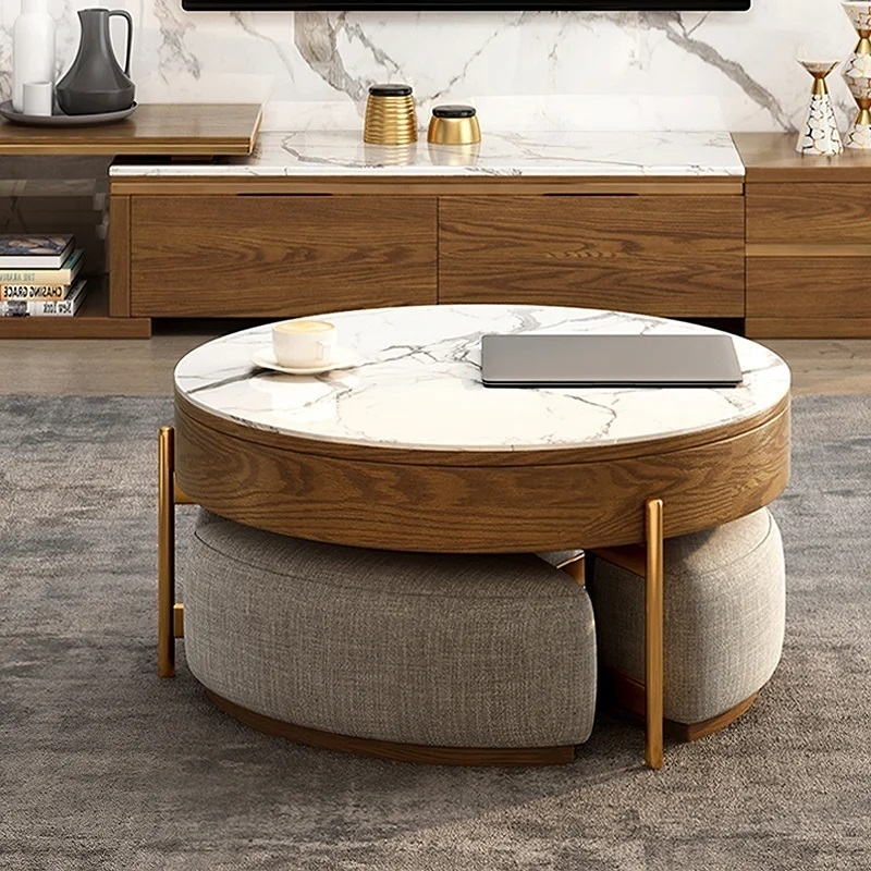 Modern Glam Nesting Table, Marble Effect Top, Wood Apron, Gold Legs