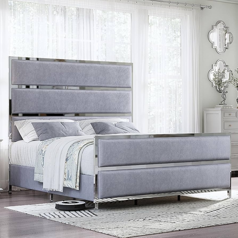 Modern Glam Platform Bed: Grey Velvet with Polished Silver Trim
