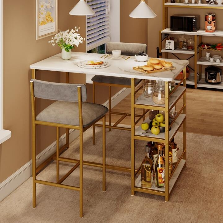 Modern Glam Pub Table Set Polished Gold Marble Effect