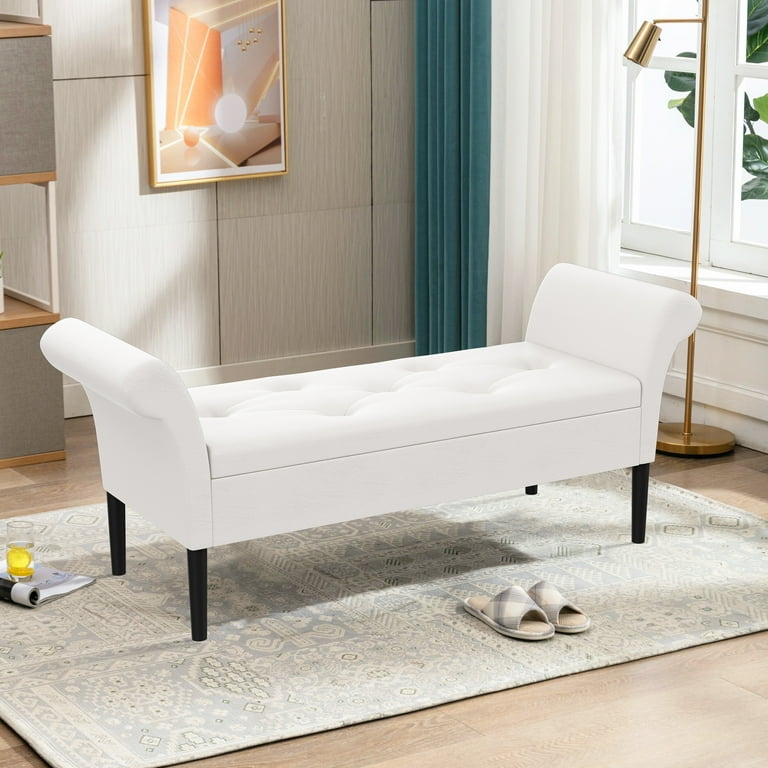 Modern Glam White Faux Leather Storage Bench with Rolled Arms