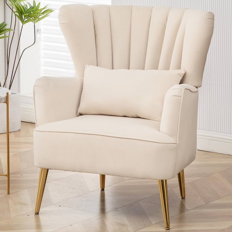 Modern Glam Wingback Chair with Scalloped Shell Back and Gold Legs