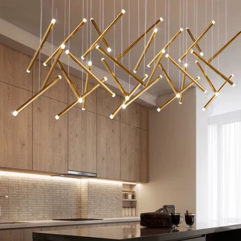 Modern Gold Branch Chandelier: Intersecting Rods, Sculptural Design.