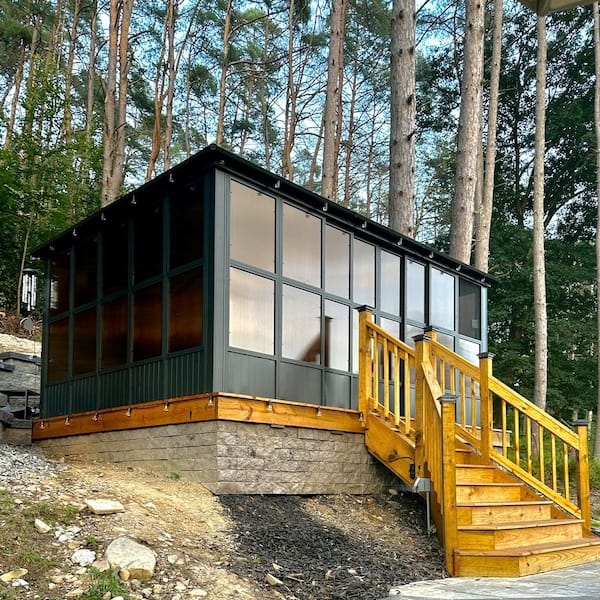 Modern Gray Solarium Stone Base Foundation Wooden Deck