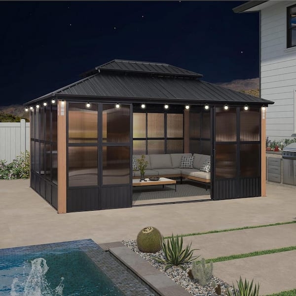 Modern Hardtop Gazebo Double Tier Roof with String Lights