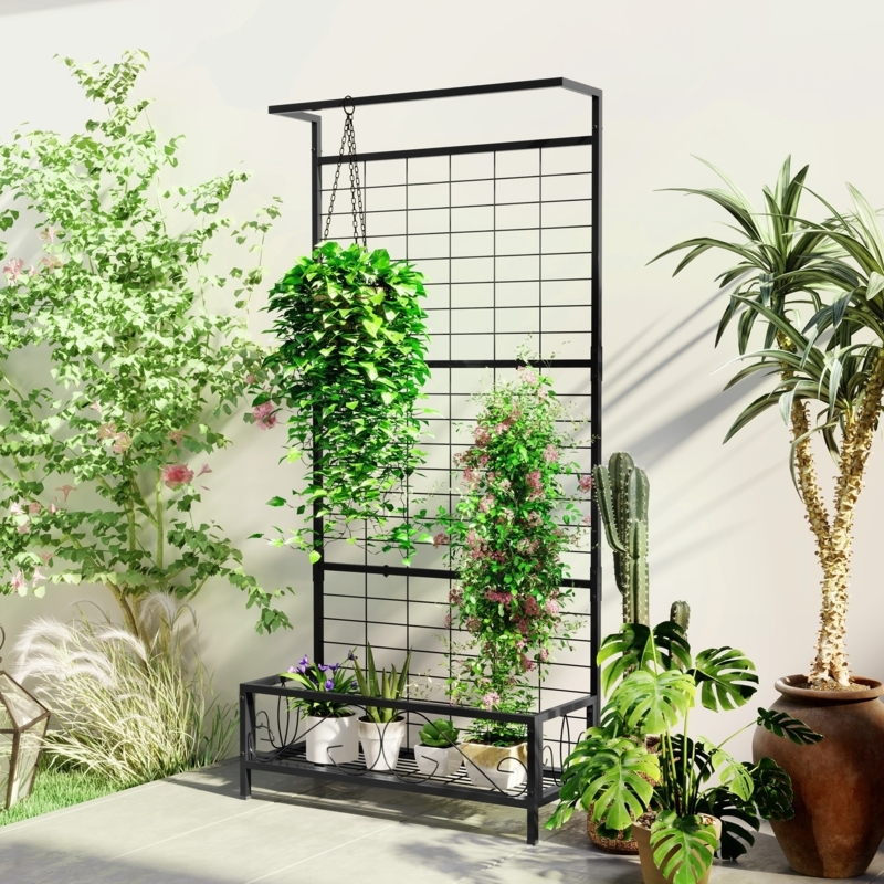 Modern Industrial Plant Stand with Trellis Panel and Hanging Bar