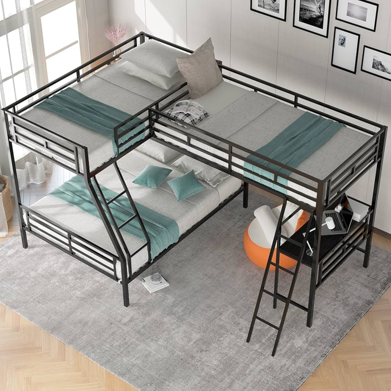 Modern Industrial Triple Bunk Bed Matte Black Metal with Desk