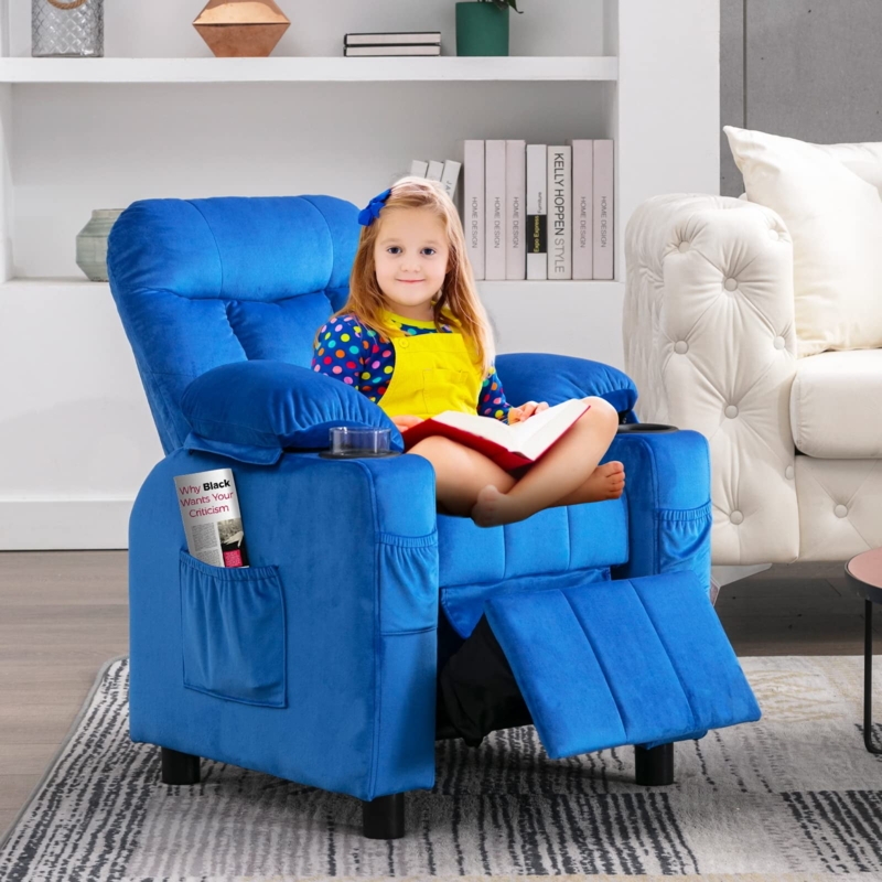 Modern Kids Recliner: Cobalt Blue Velvet with Overstuffed Back
