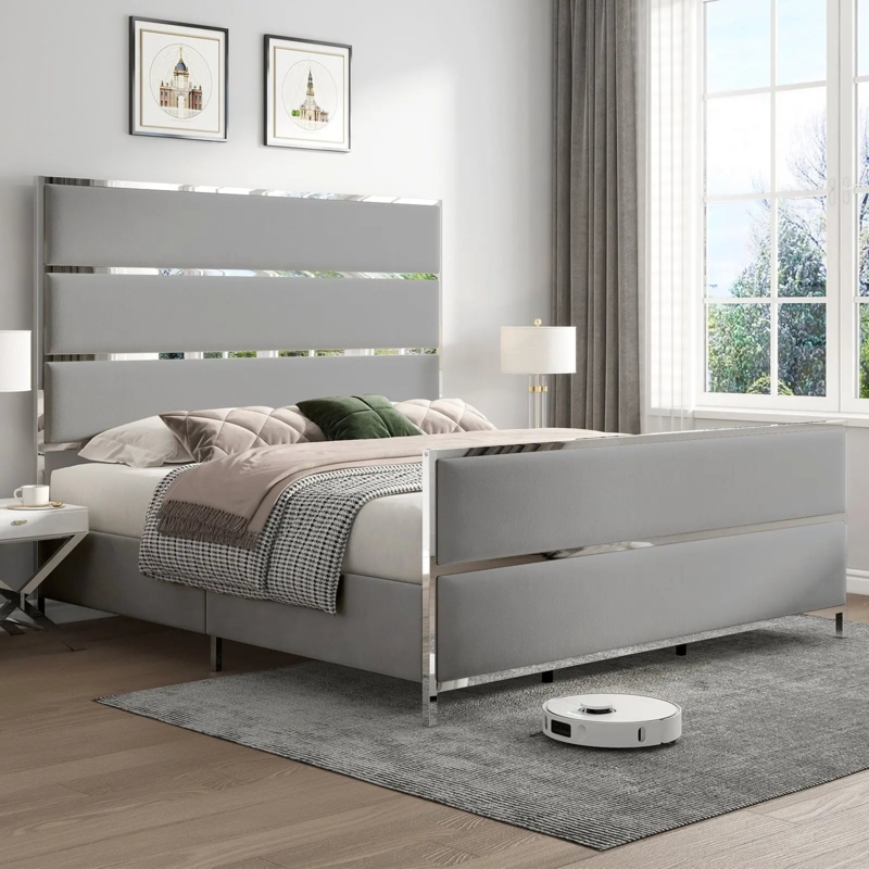 Modern King Platform Bed: Light Gray Fabric with Polished Chrome Trim