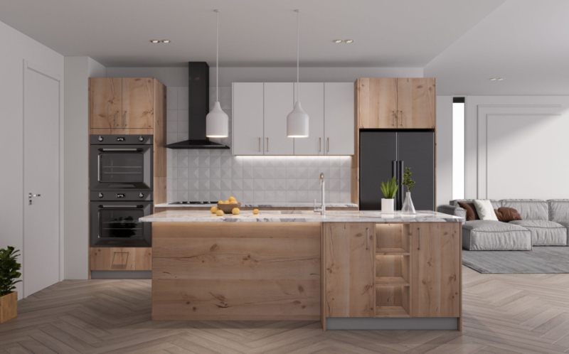 Modern Kitchen Cabinetry with Matte Black Appliances and Geometric Tile
