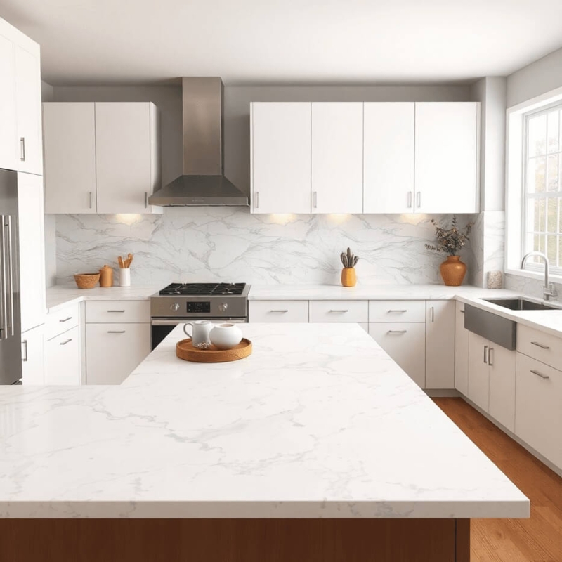 Modern Kitchen Island With Gray Veined Stone And Full Backsplash
