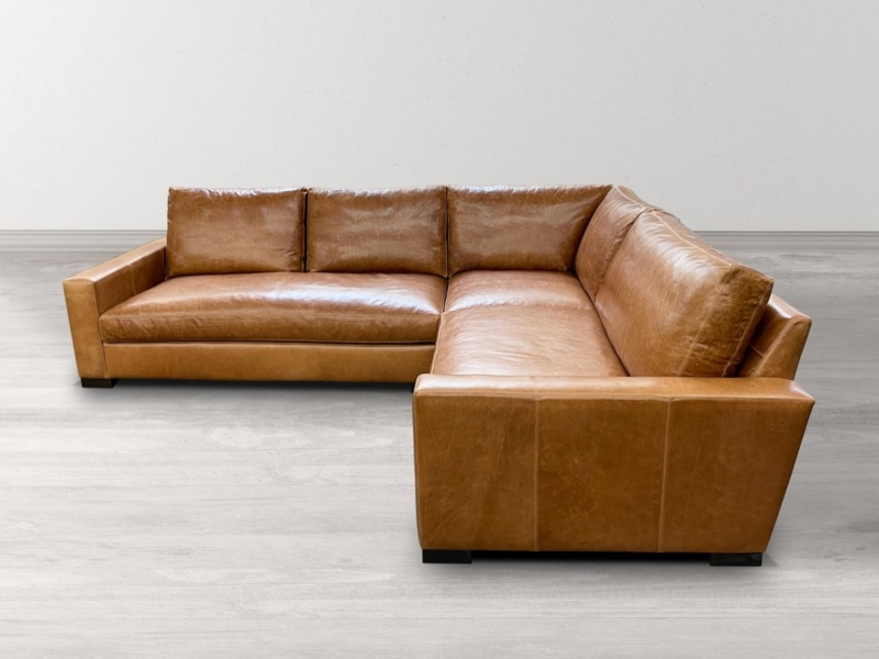 Modern L-Shaped Leather Couch Cognac Bench-Style Seating Track Arms