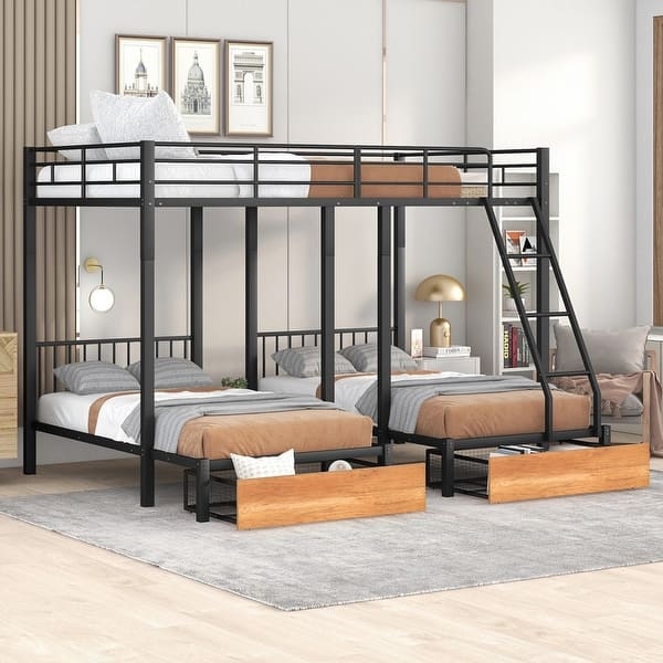Modern L-Shaped Triple Bunk Bed Black Metal Wood Drawers