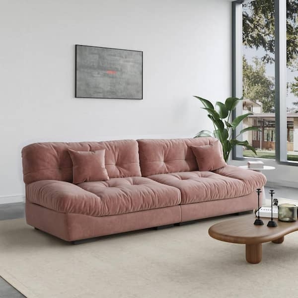 Modern Low Profile Biscuit Tufted 3 Seater Sofa in Frosted Velvet