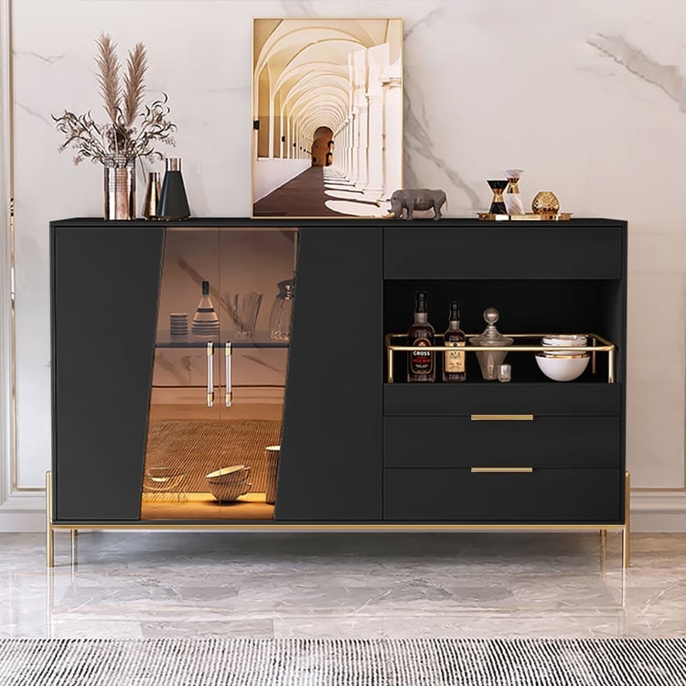 Modern Matte Black Sideboard with Asymmetrical Smoked Glass Doors