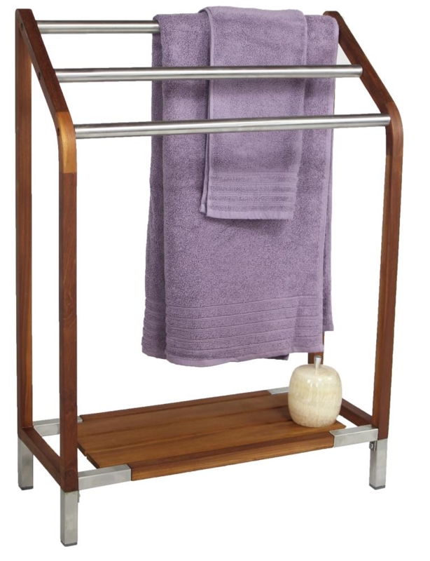 Modern Mixed Material Towel Stand in Teak and Stainless Steel