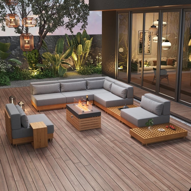 Modern Outdoor Sectional Set Fire Pit Slat Base Charcoal Gray Cushions