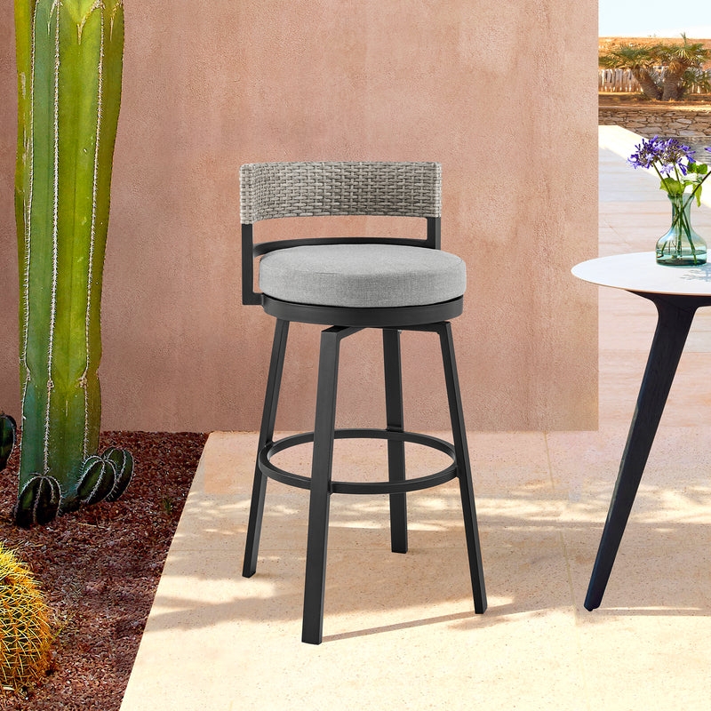 Modern Outdoor Swivel Stool Woven Wicker Back Aluminum