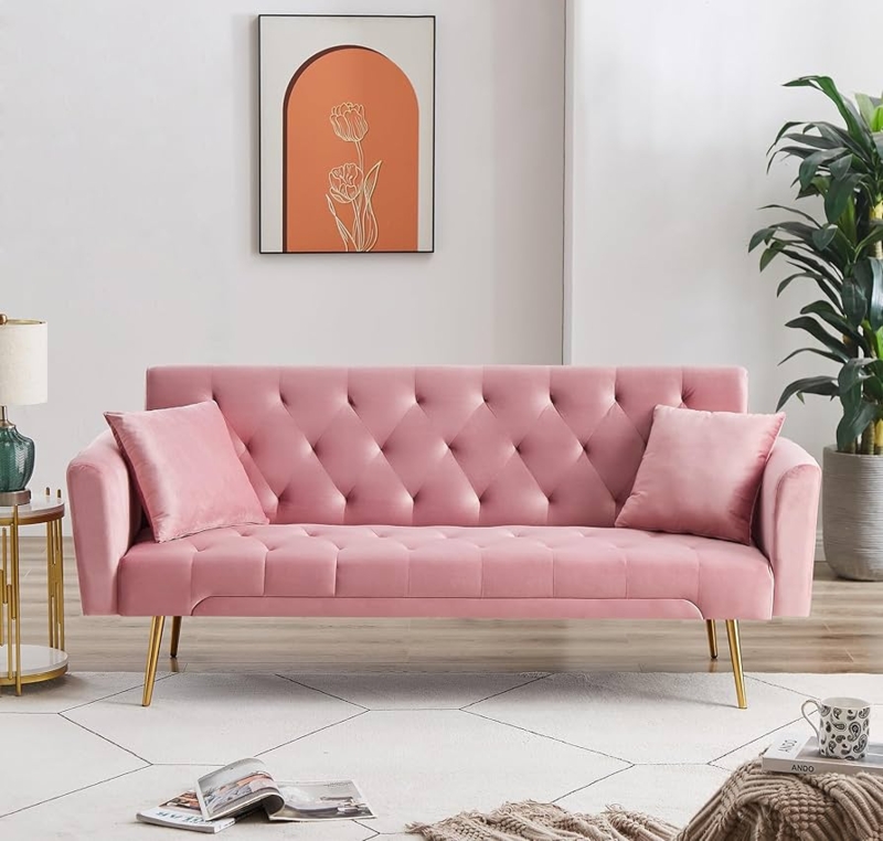Modern Pink Velvet Futon Sofa with Diamond Tufted Back and Golden Legs
