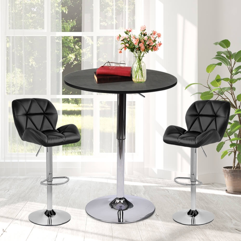 Modern Polished Chrome Bar Table Set Diamond Quilted Stools