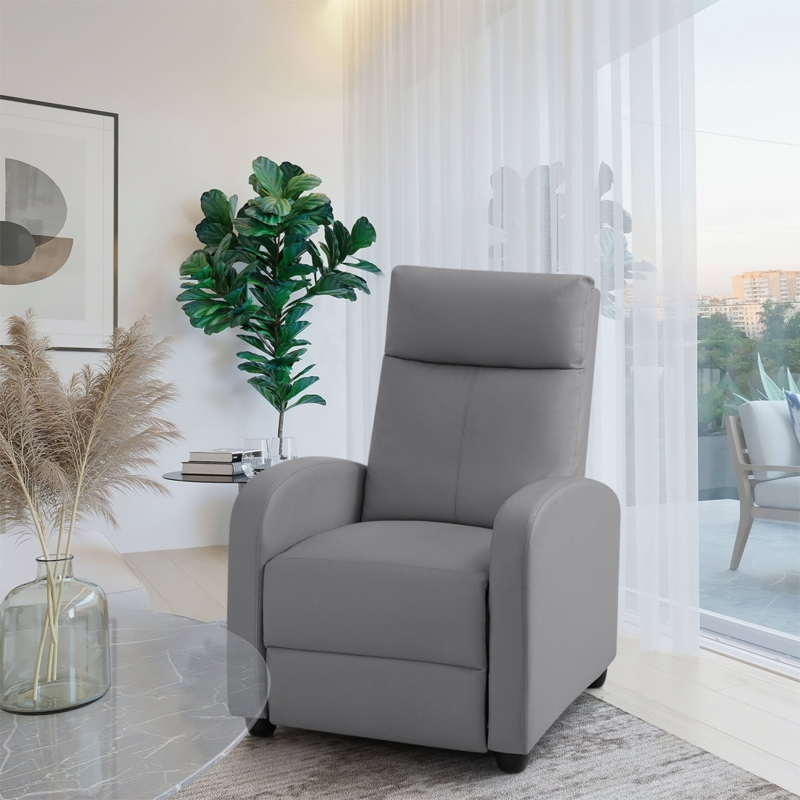 Modern Recliner Chair: Slate Gray Leather-Like Padded Headrest
