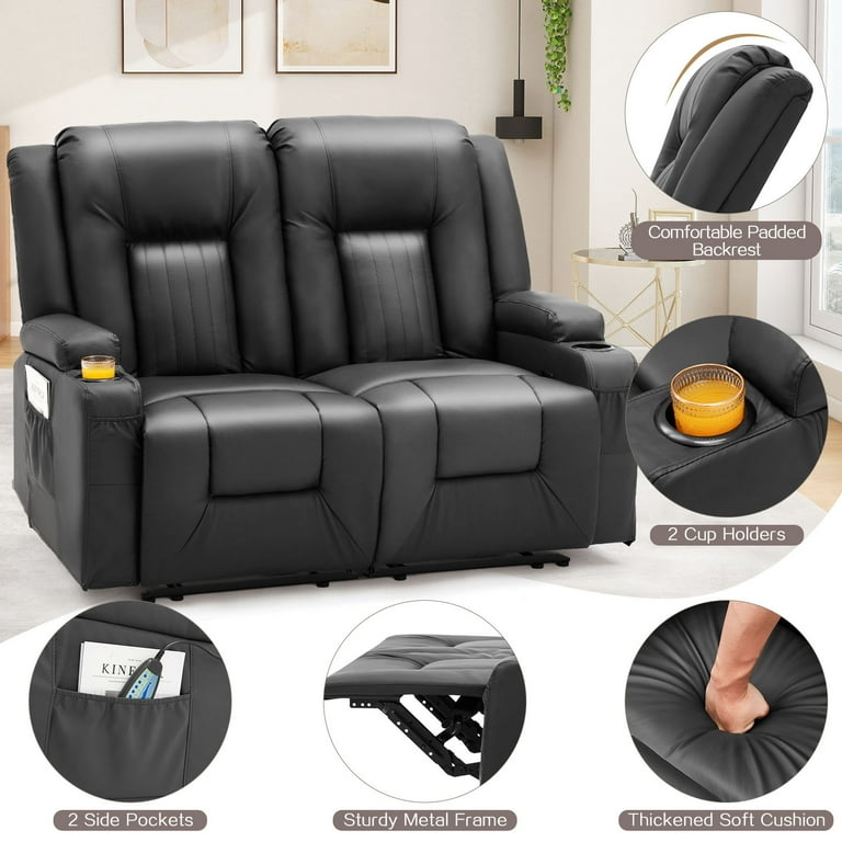 Modern Reclining Loveseat: Matte Black, Channel Stitching & Pockets