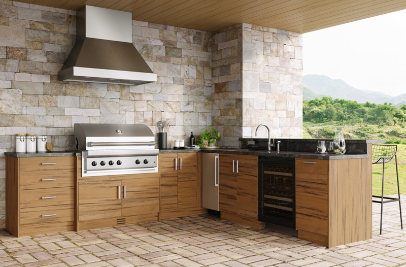 Modern Rustic Outdoor Kitchen Cabinets with Stacked Stone Backsplash