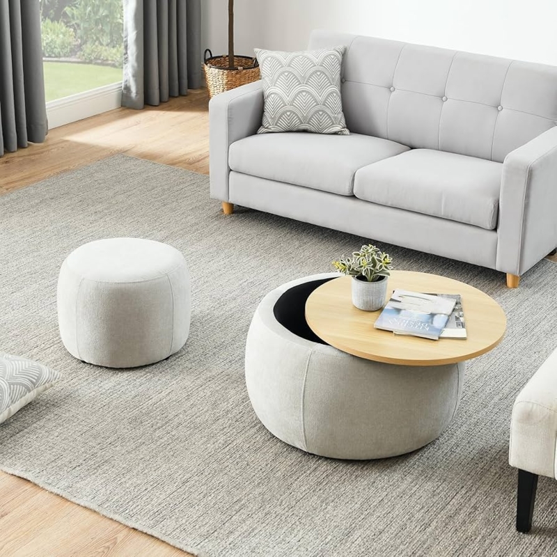 Modern Storage Ottoman with Pivoting Wood Toned Lid