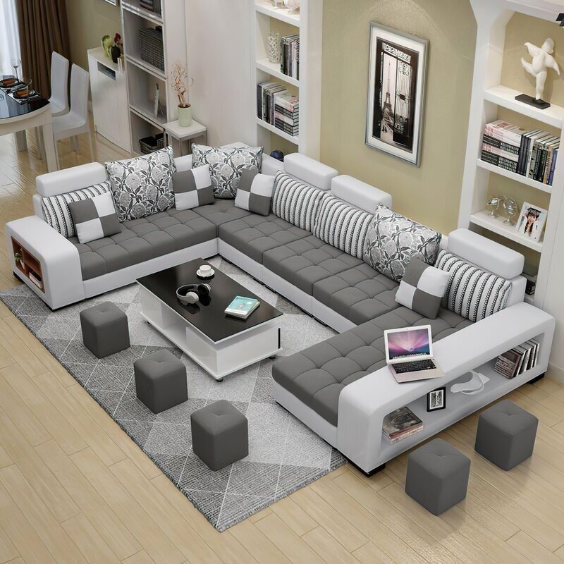 Modern U-Shaped Sectional Sofa with Storage Armrests and Matching Stools