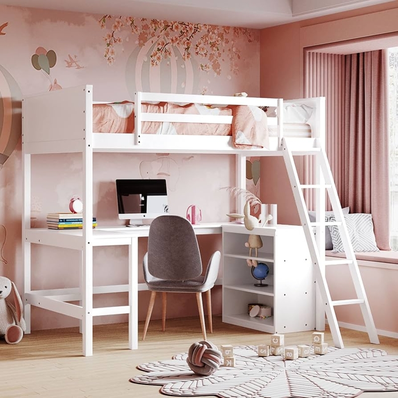Modern White Loft Bed with U-Shape Desk and Shelving