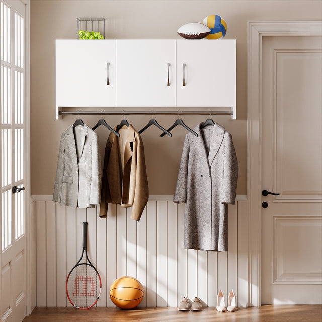 Modern White Wall Mounted Cabinet with Integrated Hanging Rod
